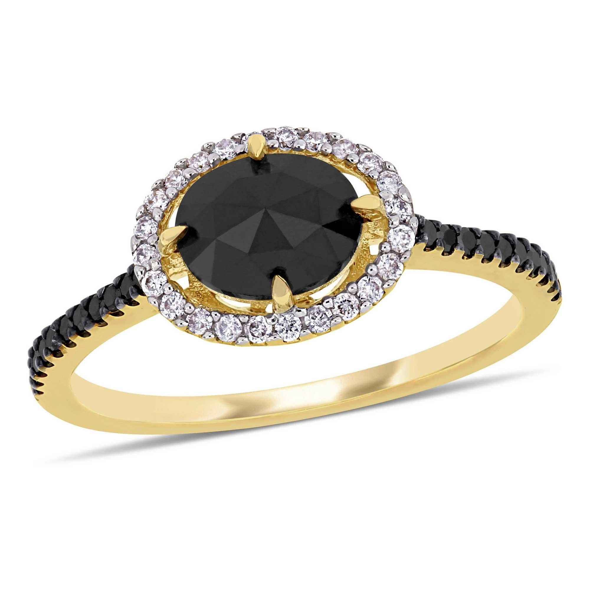 1 1/5ctw Oval Black Diamond and Diamond Halo Yellow Gold Engagement Rin - Size 6.5
