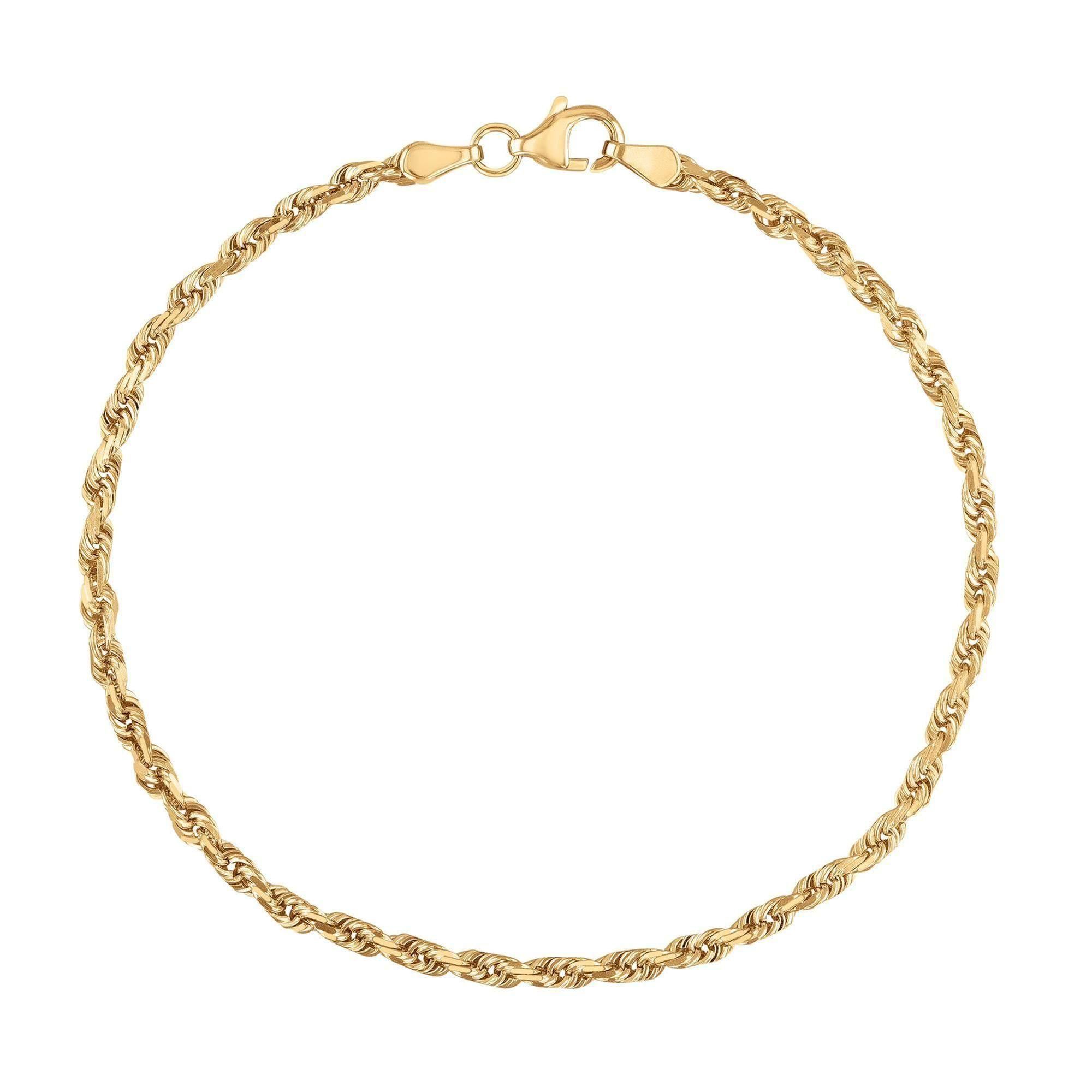 Yellow Gold Solid Diamond-Cut Rope Chain Bracelet | 3mm | 7 Inches