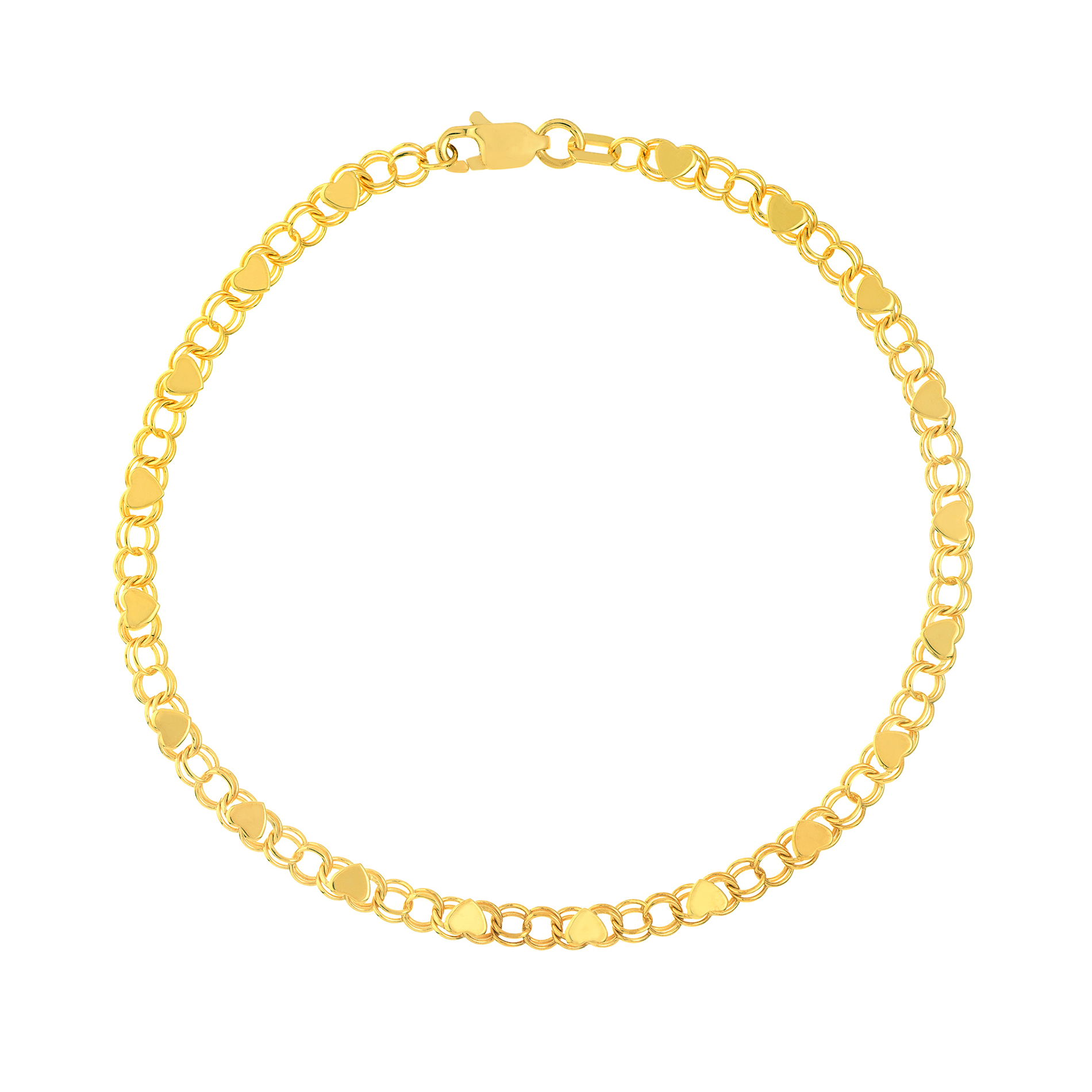 Yellow Gold Solid Heart Link Chain Bracelet | 3.45mm | 7.25 Inche