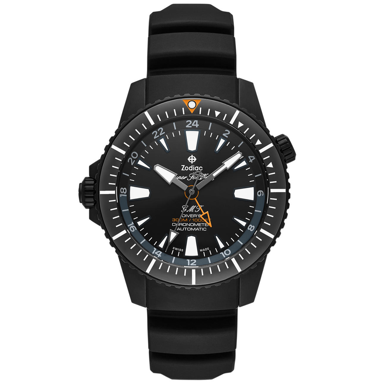 Super Sea Wolf Pro-Diver GMT Automatic Black Dial Rubber Strap Watch 42mm - Zodiac ZO3557