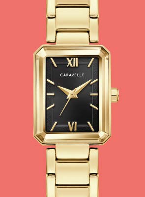 Caravelle by Bulova Modern Watches Caravelle by Bulova modern watch with gold-tone rectangular case, black dial and bracelet