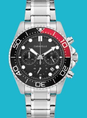 Caravelle by Bulova Sport Watches Caravelle by Bulova sport watch with stainless steel bracelet, black dial and red bezel