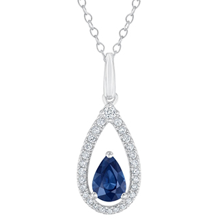 Genuine Blue Sapphire and Diamond Pear Drop Pendant 1/5ctw