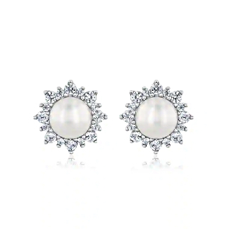 Freshwater Cultured Pearl and Created White Sapphire Stud Earrings