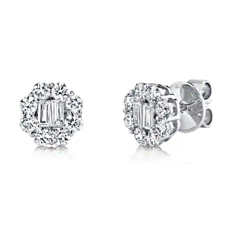 Shy Creation Baguette and Round Diamond Stud Earrings 7/8ctw