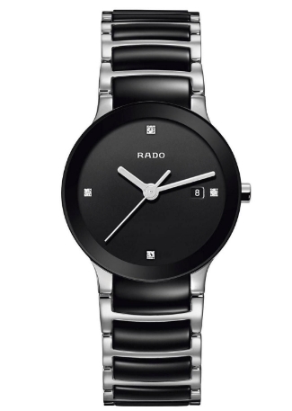 Ladies' Rado Centrix Diamonds Two-Tone Black Ceramic and Stainless Steel Watch R30935712