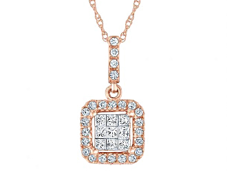 Rose Gold Princess and Round Diamond Pendant Necklace 1/3ctw