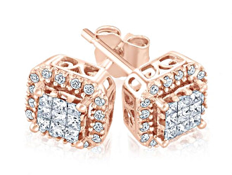Rose Gold Princess and Round Diamond Stud Earrings 1/3ctw
