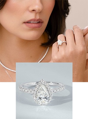 Woman wearing a REEDS ECONIC lab-grown diamond engagement ring and a pear-shaped lab-grown diamond engagement ring