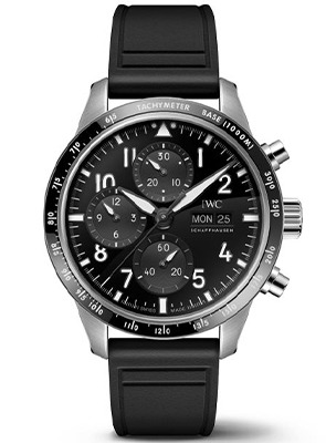 IWC Schaffhausen Pilot automatic watch with black dial, silver case, and black fabric strap
