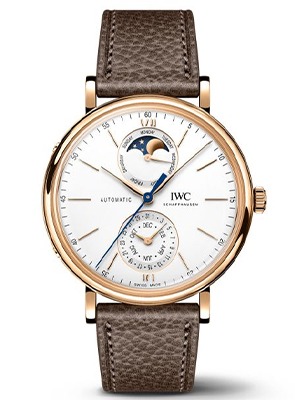 IWC Schaffhausen Portofino automatic moon phase watch with white dial and brown leather strap