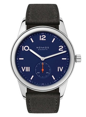 Shop NOMOS Club Campus Watches NOMOS silver tone watch with blue dial and brown leather strap