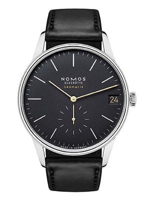 Shop NOMOS Glashütte Orion Collection NOMOS Glashütte Orion black dial dress watch with black leather strap