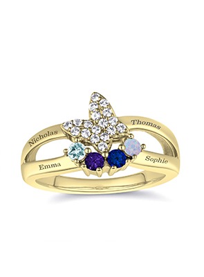 Family Birthstone Ring Personalized family birthstone ring with engraved names in yellow gold