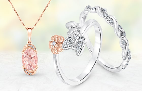 Rose Gold Morganite Pendant and Two Silver Diamond Rings