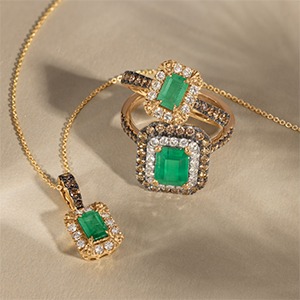 Emerald green gemstone jewelry in gold settings complementing warm skin tones