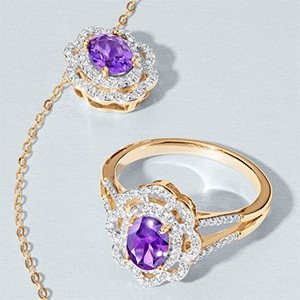 Purple gemstone necklace and ring with diamond accents for cool toned skin
