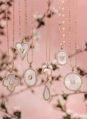 Gold necklaces with mother-of-pearl silhouette lined with round diamonds, geometric pendants &ndash; modern Mother&rsquo;s Day jewelry gift