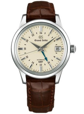 Grand Seiko Elegance dress watch with cream dial and brown leather strap