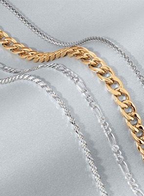 alt= Gold Chain Necklaces in rope, figaro and paperclip accents for Him and Her