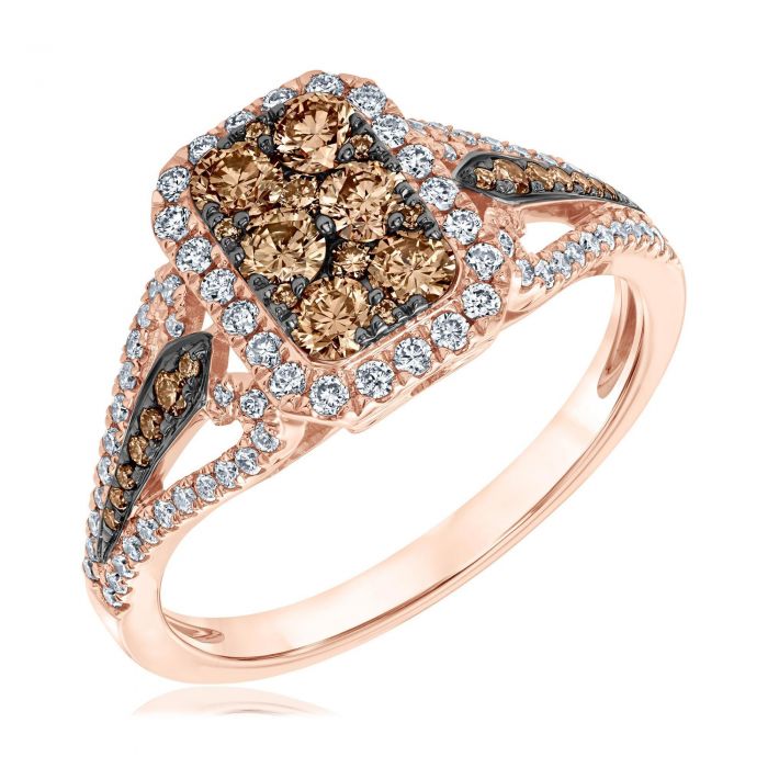 Champagne Diamond and Diamond Cluster Rose Gold Ring 1ctw REEDS Jewelers