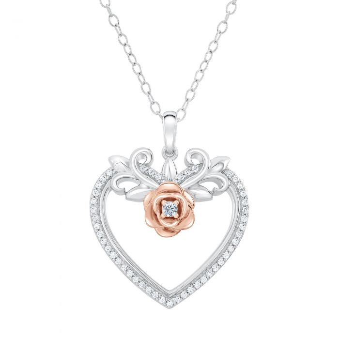 Enchanted Disney Fine Jewelry Belle Diamond Heart and Rose Pendant 1