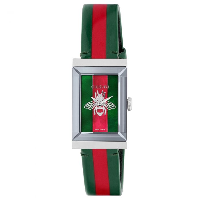 Ladies\u0027 Gucci G,Frame Green and Red Striped Leather Watch YA147408