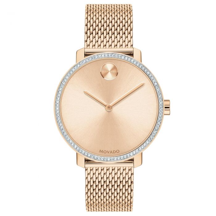 Ladies Movado Bold Crystal Bezel Pale Rose Gold Tone Stainless