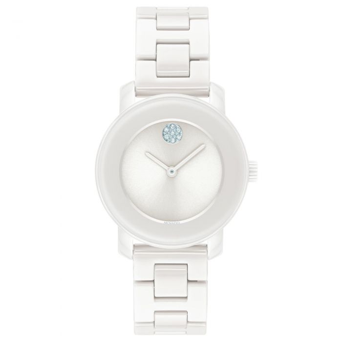 Ladies Movado Bold White Ceramic Crystal Dot Watch 3600616