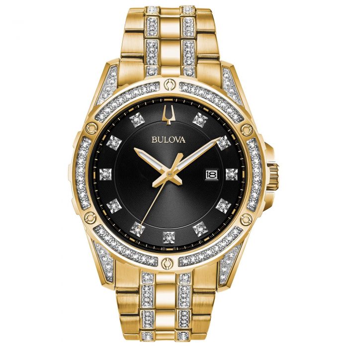 Men's Bulova Crystal Black Dial Yellow Gold-Tone Stainless Steel Watch