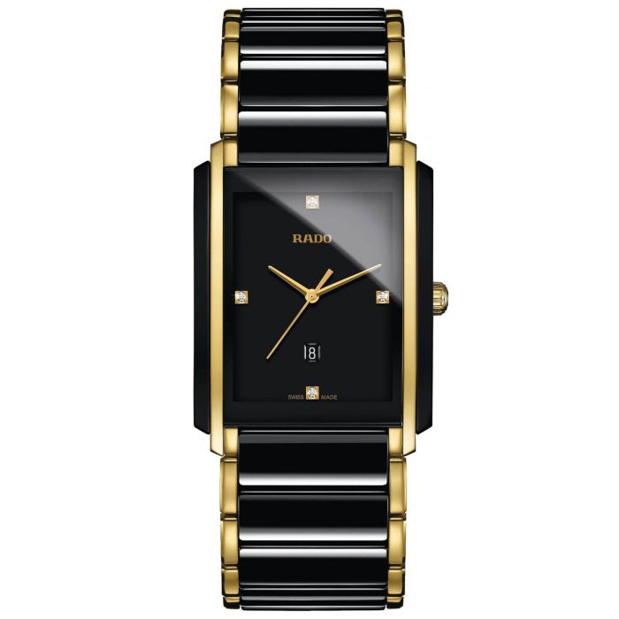 Men's Rado Integral Diamonds Rectangular Case Black Ceramic and Gold