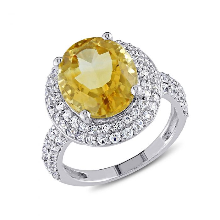 Sterling Silver Gold Tone Oval Orange Citrine Diamond Halo Band