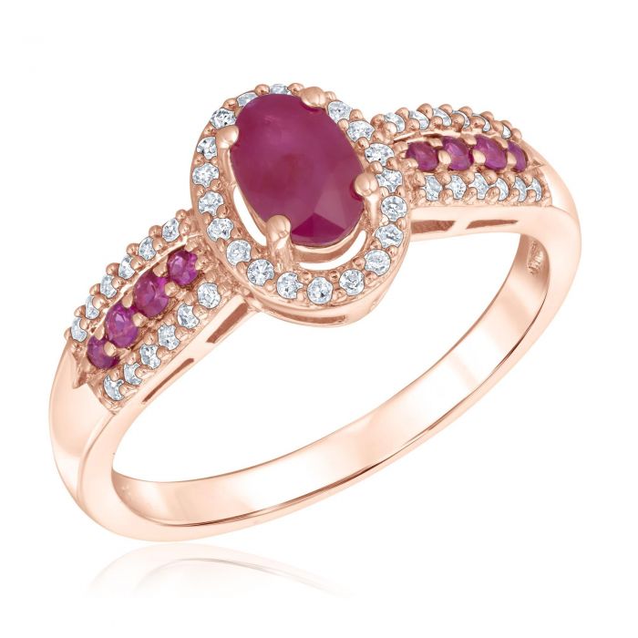 Vintage-Inspired Ruby and Diamond Halo Rose Gold Ring 1/6ctw | REEDS ...