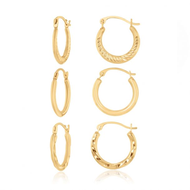 3 Piece Yellow Gold Hoop Earring Set 