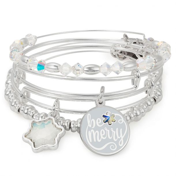 Authentic Alex and Ani Be Merry Set of 4 Shiny Silver Charm Bangle