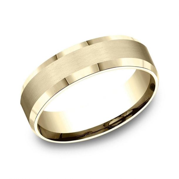 Benchmark Yellow Gold Satin Center Bevel Edge Comfort Fit Band, 6mm ...