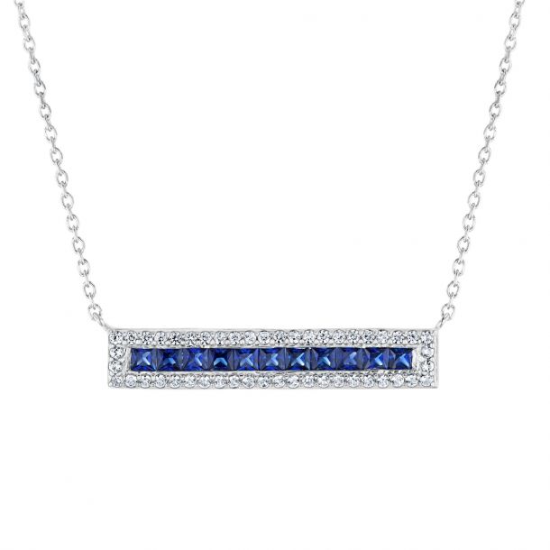 Created Blue Sapphire And Created White Sapphire Sterling Silver Bar Pendant Necklace Reeds Jewelers