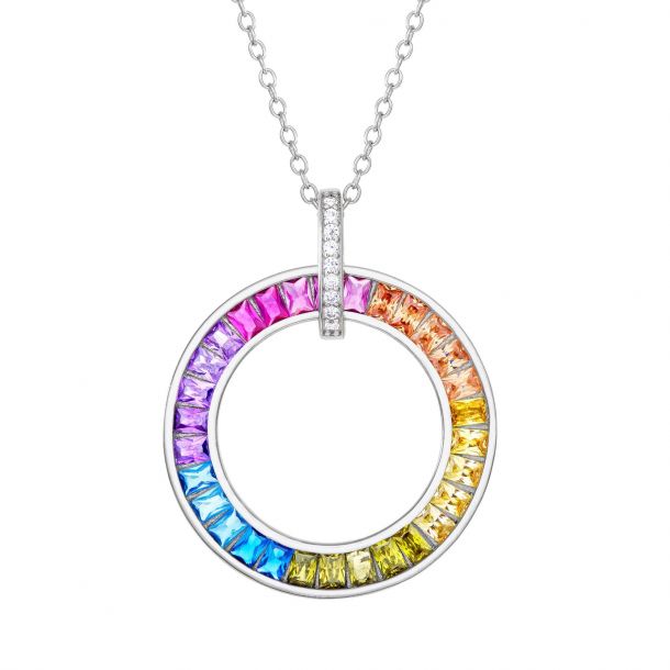 925 Sterling Silver Round Blue Sapphire & Rainbow Circle Pendant Necklace 