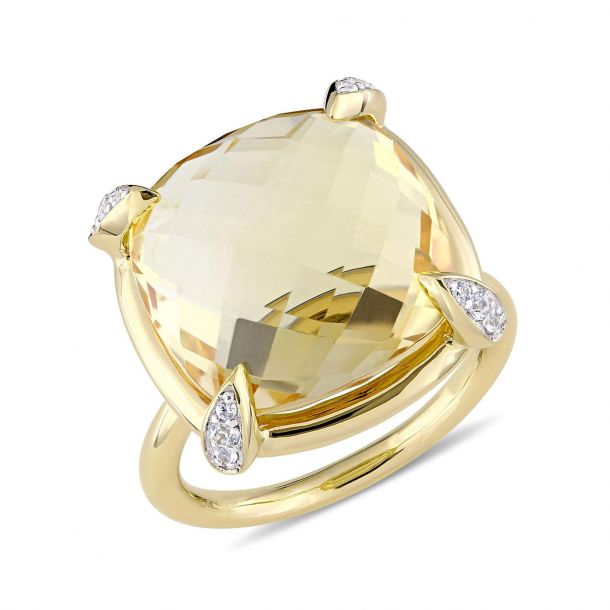 Cushion Double Checkerboard Cut Citrine and White Sapphire Yellow Gold ...