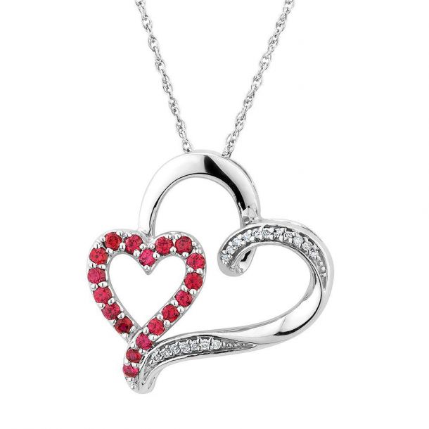 Diamond And Created Ruby Double Heart Pendant 1/20ctw | REEDS Jewelers