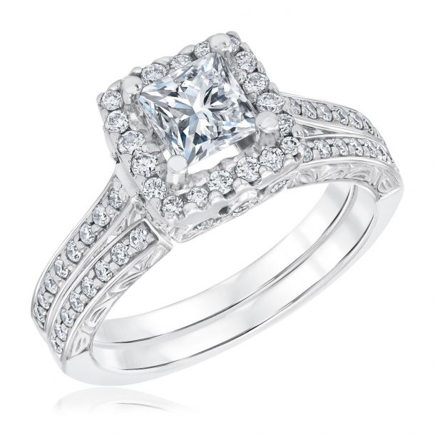 Details about    14k White Gold Over Round Diamond Engagement Wedding Band Ring Bridal Set 