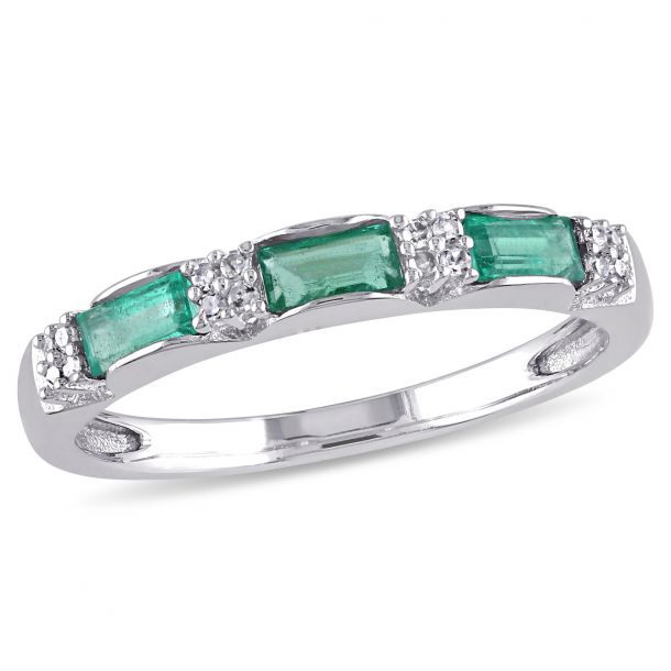 Emerald and 1/15ctw Diamond White Gold Stackable Ring