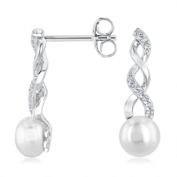 Leaf shaped Sterling Silver RARE BABY Akoya Cultured Pearl Earrings with White Sapphires