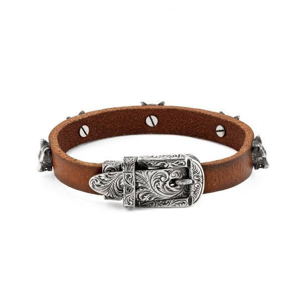 Gucci Anger Forest Leather and Sterling Silver Wolf Head Bracelet ...