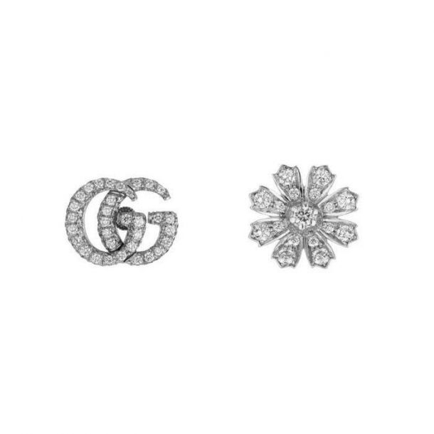 Gucci Flora Gg Diamond Asymmetrical Stud Earrings 1ctw Reeds Jewelers