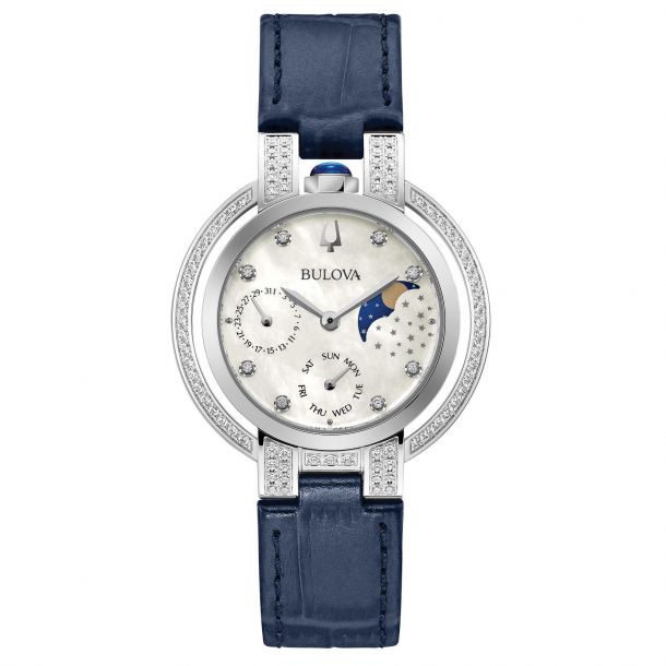 Ladies' Bulova Rubaiyat Diamond Moon Phase Blue Leather Strap Watch
