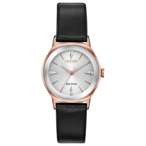 Ladies Citizen Eco Drive Axiom Black Leather Strap Watch Em0733 08a Reeds Jewelers