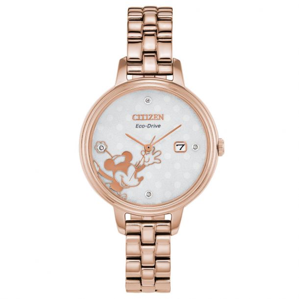 Ladies Citizen Eco Drive Disney Minnie Mouse Diamond Accent Rose Gold Tone Watch Ew2448 51w Reeds Jewelers