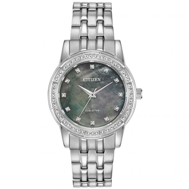 Ladies Citizen Eco Drive Silhouette Crystal Black Mother Of Pearl Dial Watch Em0770 52y Reeds Jewelers