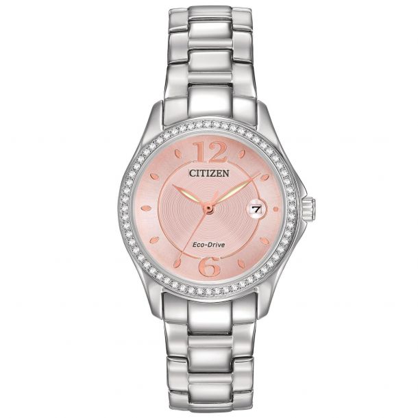 Ladies Citizen Eco Drive Silhouette Crystal Pink Dial Watch Fe1140 86x Reeds Jewelers